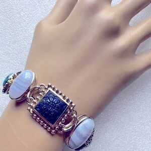 Whitney Kelly bracelet  sterling silver carved Lapis Lazuli lace AgateTurquoise
